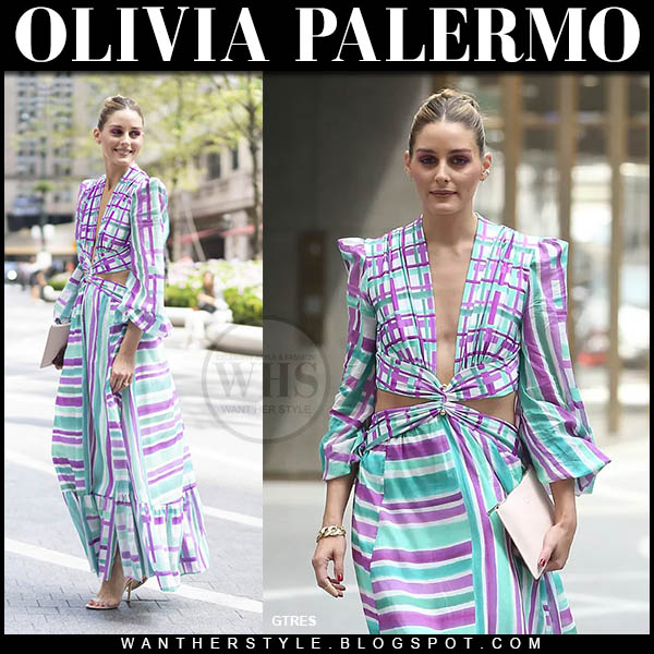 Olivia Palermo in purple and blue striped maxi dress