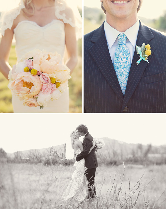 bouquet with billy buttons and peonies