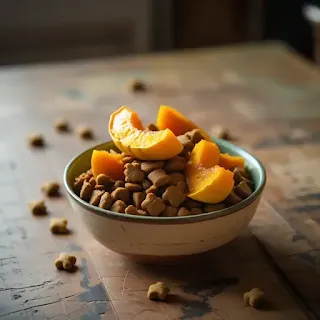 Bowl with cooked squash and dog food