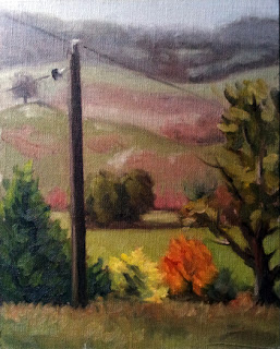 Oil painting of an electricity pole on a hillside with trees and rolling hills in the distance.