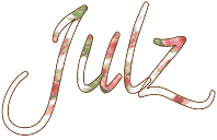 pink and green floral text with thin brown outline reading 'Julz'