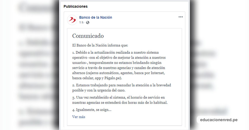 COMUNICADO BANCO DE LA NACIÓN: Suspensión de atención en Agencias y Canales de Atención Alternos (cajeros automáticos, agentes, banca por Internet, banca celular, app y Págalo.pe) www.bn.com.pe