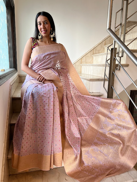 Lavender Chanderi silk saree with meenakari butis