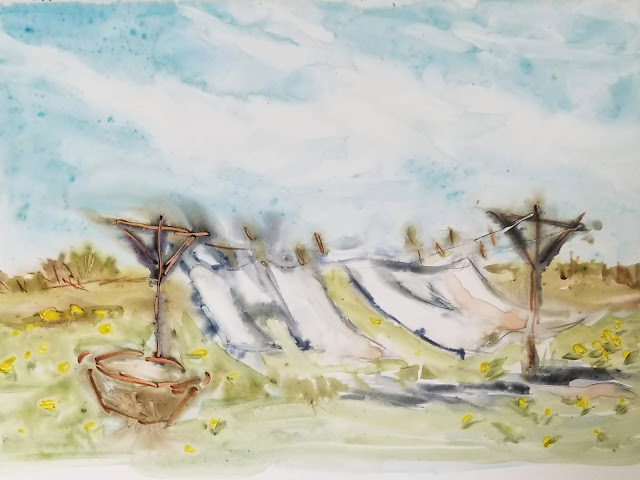 Watercolor quick study of laundry on clothesline on Yupo paper. 