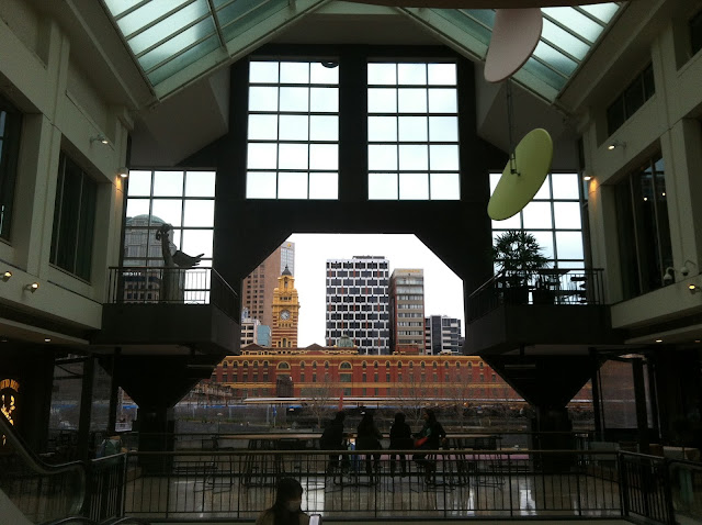 Flinders Street station from a modern shopping center.