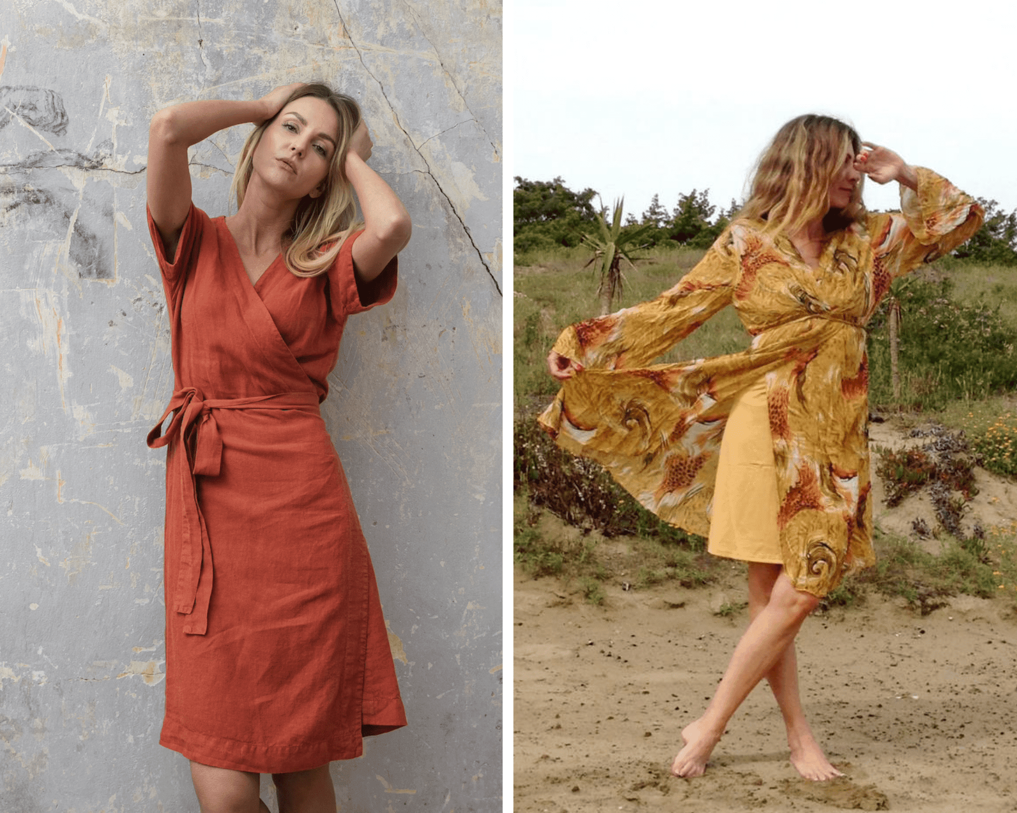 Two wrap dresses, knee-lenght. The first one is in a rust colour, made with organic linen, shortsleeve. The second one is in a mustard colour, with a print on it, longsleeve.