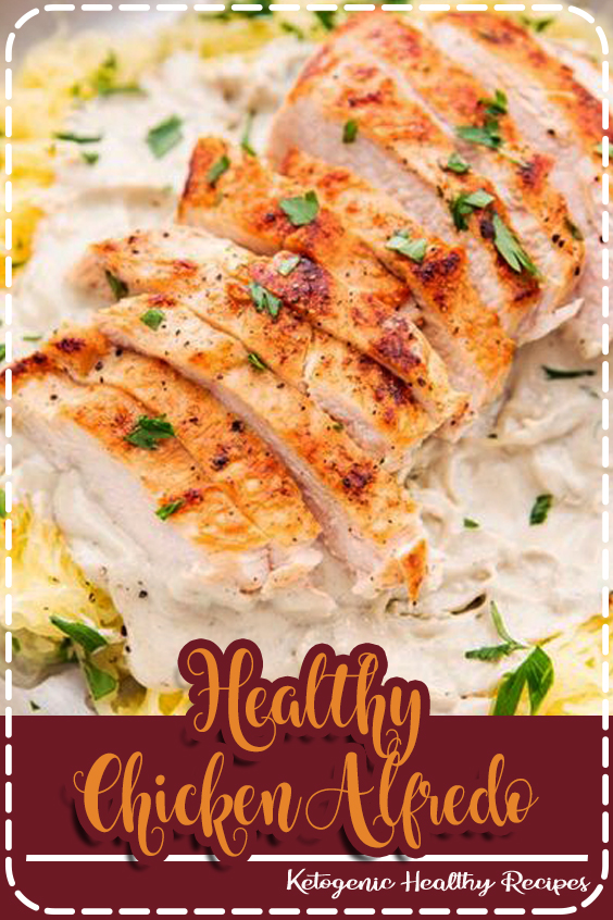 This creamy chicken alfredo that's super healthy - Quick and easy to throw together, this healthy chicken alfredo recipe uses a dairy-free cashew alfredo sauce and spaghetti squash. #creamychicken #healthy #chickenalfredo #dairyfree #alfredosauce #spaghettisquash #recipe #recipes