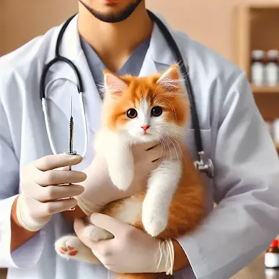 Veterinarian holding a young adopted cat in preparation for spaying or neutering in a calm, professional clinic environment.