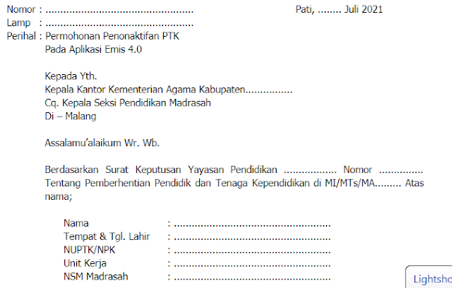 Contoh Surat Penonaktifan Guru di Emis 4.0