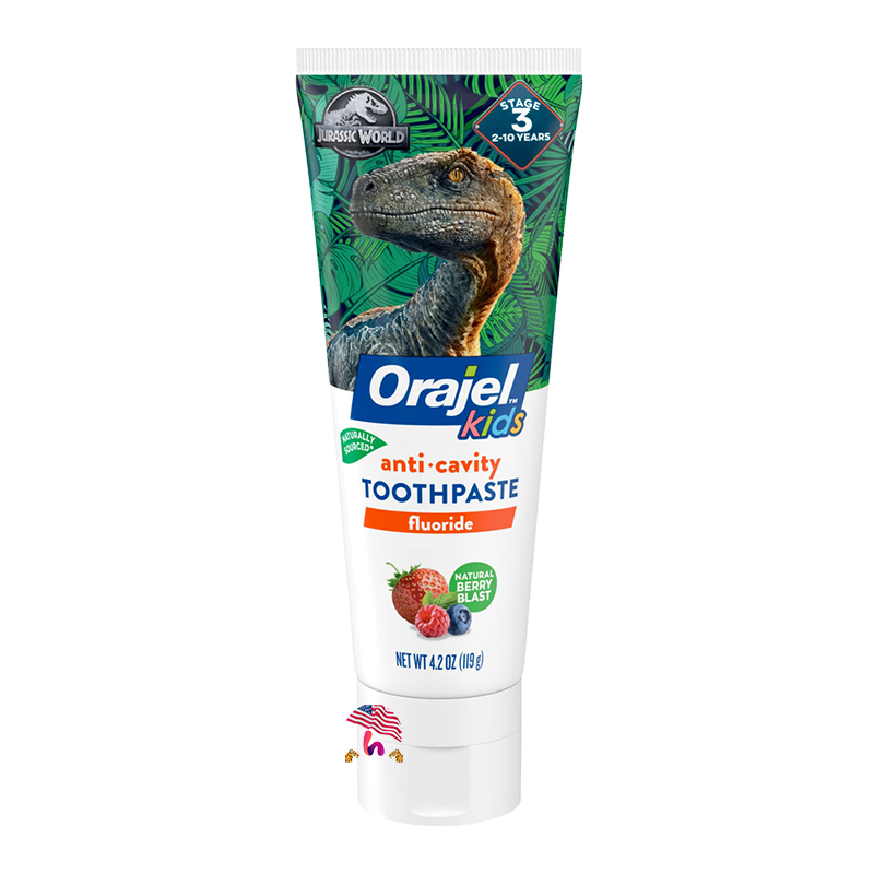 Kem đánh răng cho bé Orajel Jurassic World Anticavity Fluoride Toothpaste- Berry Blast Flavor- Kids Toothpaste