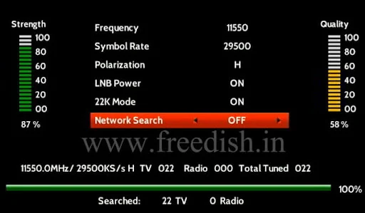 Auto Scan 11550/H/29500 Free Dish TV Frequency