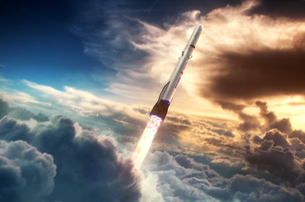 An artist's concept of Blue Origin's New Glenn rocket heading towards space.