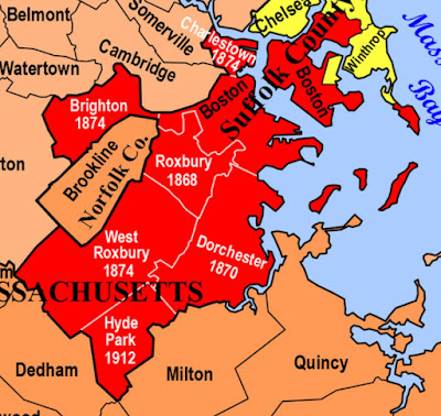 Map showing dates of different towns' annexations to Boston