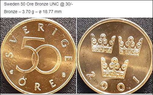 Sweden 50 Ore Bronze UNC Coin 