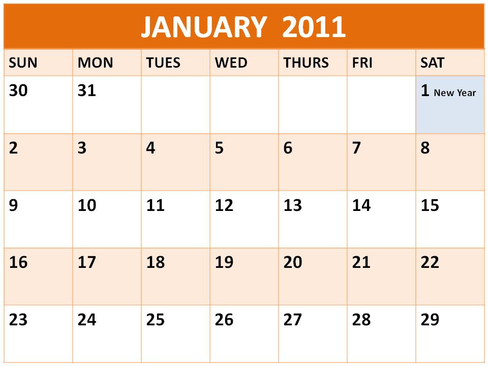 Singapore January 2011 Calendar with Holidays (PH)