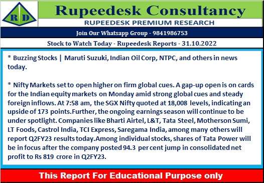 Stock to Watch Today - Rupeedesk Reports - 31.10.2022