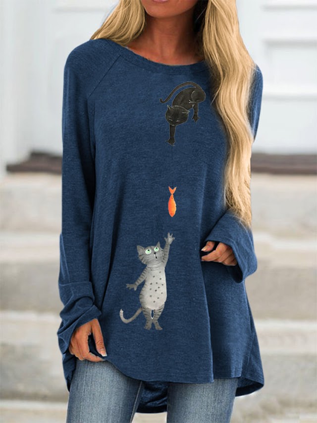 Cartoon Cat Print Long Sleeve Best Casual Plus Size T-Shirt