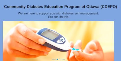 text: Community Diabetes Education Program of Ottawa (CDEPO)  We are here to support you with diabetes self management. You can do this!' image: hands holding a glocometer with a testing strip.