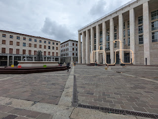 The unforgiving geometry of the Piazza della Libertà broken just a little by the Lights On installation.