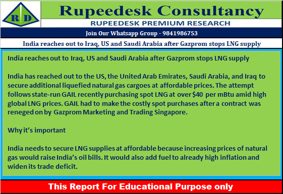 India reaches out to Iraq, US and Saudi Arabia after Gazprom stops LNG supply - Rupeedesk Reports - 29.09.2022