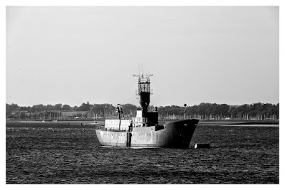 Trinity House, Light Vessel No22, Harwich/Felixstowe Docks, River Stour,black and white,