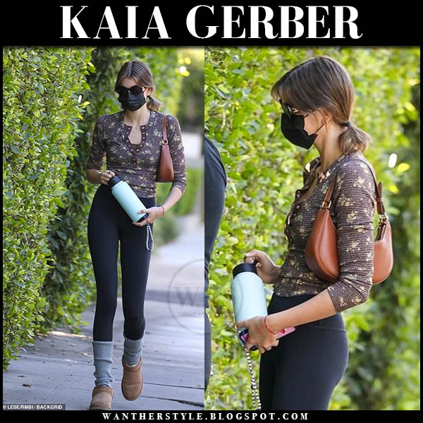 Kaia Gerber in floral print op and black leggings