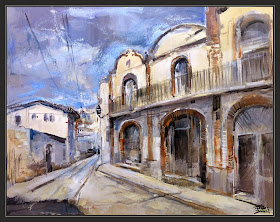 SANTA MARIA D´OLÓ-PINTURA-PAISATGES-ARQUITECTURA-CARRER-POBLES-MOIANÈS-CATALUNYA-QUADRES-ARTISTA-PINTOR-ERNEST DESCALS-