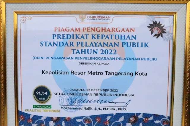 Ombudsman RI Beri Penghargaan Kepatuhan Pelayanan Publik Tahun 2022 Kepada Polrestro Tangerang Kota 