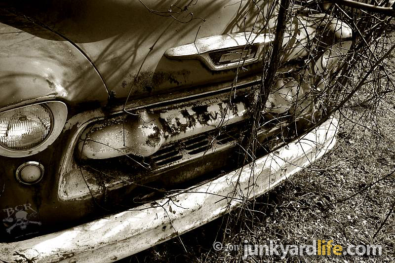 A distinctive grill bar identifies this as a 1955 1956 or 1957 Chevy dump