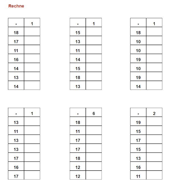 Matheaufgaben für 1. Klasse Grundschule Subtrahieren Zahlenraum bis 20