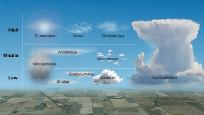 - Cirrus(CI): aspecto delicado, sedoso ou fibroso, cor branca brilhante. - Cirrocumulus(CC): delgadas, compostas de elementos muito pequenos em forma de grânulos e rugas. Indicam base de corrente de jato e turbulência. - Cirrostratus(CS): véu transparente, fino e esbranquiçado, sem ocultar o sol ou a lua, apresentam o fenômeno de halo (fotometeoro). - Altostratus (AS): camadas cinzentas ou azuladas, muitas vezes associadas a altocumulus; compostas de gotículas superesfriadas e cristais de gelo; não formam halo, encbrem o sol; precipitação leve e contínua. - Altocumulus (AC): banco, lençol ou camada de nuvens brancas ou cinzentas, tendo geralmente sombras próprias. Constituem o chamado "céu encarneirado". - Stratus (St): muito baixas, em camadas uniformes e suaves, cor cinza; coladas à superfície é o nevoeiro; apresenta topo uniforme (ar estável) e produz chuvisco (garoa). Quando se apresentam fracionadas são chamadas fractostratus (FS). - Stratocumulus (SC): lençol contínuo ou descontínuo, de cor cinza ou esbranquiçada, tendo sempre partes escuras. Quando em vôo, há turbulência dentro da nuvem. - Nimbostratus (NS): aspecto amorfo, base difusa e baixa, muito espessa, escura ou cinzenta; produz precipitação intermitente e mais ou menos intensa. - Cumulus (Cu): contornos bem definidos, assemelham-se a couve -flor; máxima freqüencia sobre a terra de dia e sobre a água de noite. Podem ser orográficas ou térmicas (convectivas); apresentam precipitação em forma de pancadas; correntes convectivas. Quando se apresentam fraccionadas são chamadas fractocumulus (FC). As muito desenvolvidas são chamadas cumulus congestus. - Cumulonimbus (CB): nuvem de trovoada; base entre 700 e 1.500 m, com topos chegando a 24 e 35 km de altura, sendo a média entre 9 e 12 km; são formadas por gotas d'água, cristais de gelo, gotas superesfriadas, flocos de neve e granizo. Caracterizadas pela "bigorna": o topo apresenta expansão horizontal devido aos ventos superiores, lembrando a forma de uma bigorna de ferreiro, e é formado por cristais de gelo, sendo nuvens do tipo Cirrostratos (CS).