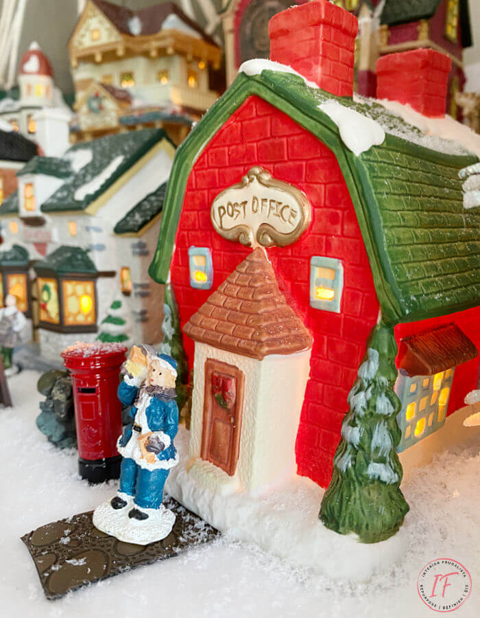 A nostalgic Victorian Christmas Village display on a fireplace mantle. A two level miniature Christmas scene with sentimental value.