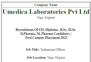 Umedica Laboratories Pvt Ltd Recruitment Of ITI, Diploma,  B.Sc, M.Sc, B.Pharma, M. Pharma Candidates |  Pool Campus Placement 2023