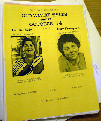 Flyer or poster on yellow paper for a reading by Judith Stein and Judy Freespirit at Old Wives' Tales on 14 October 1984