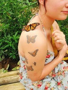 Attractive Butterfly Design Tattoo, Blossom and Butterfly Tattoo Design, Amazing Butterfly Sitting on Blossom Flower Tattoos, Birds,