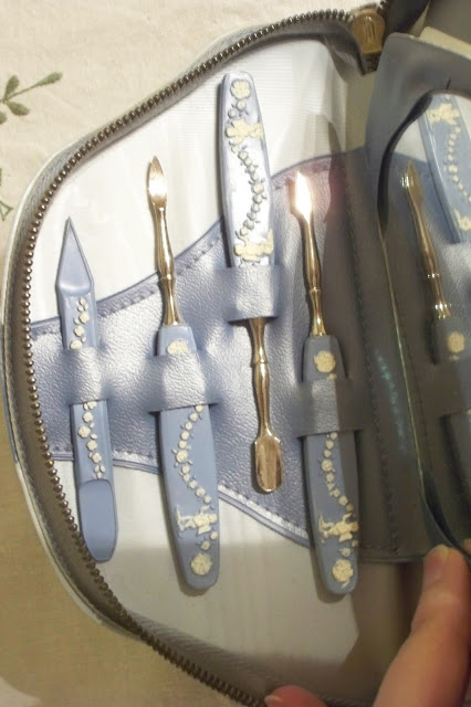 Pearly blue vintage manicure set, retro nail set, angels, angelic, cupids, lady's travel set, Vintage Witch Shoppe, nail file