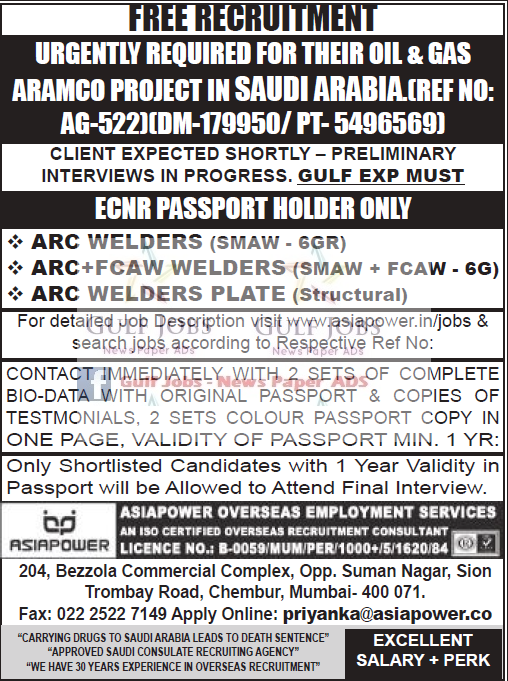 Oil & Gas Aramco Project Jobs for KSA - Free Recruitment