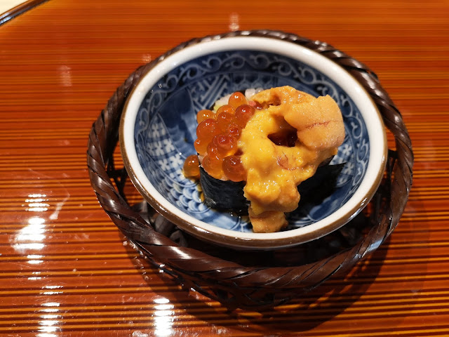 Maki with Cucumber, Japanese Pickles, Chopped Tuna and Aburi Otoro, topped with Ikura (Salmon Roe) and Uni (Sea Urchin)