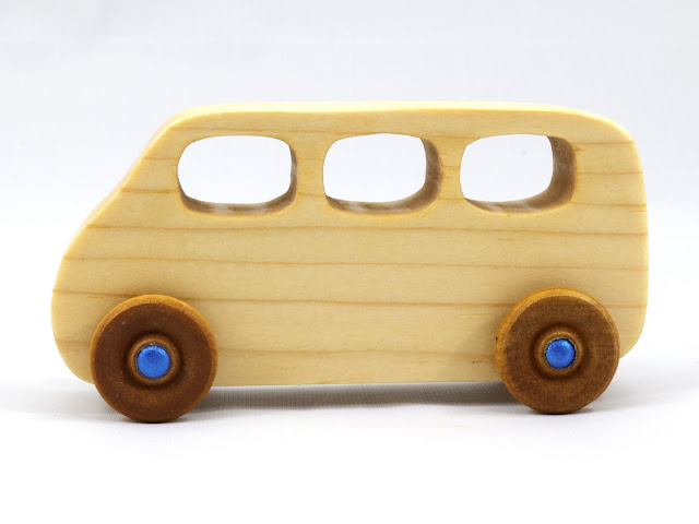 Handmade Wooden Toy Minivan from the Play Pal Series Finished With Nontoxic Clear Shellac and Metallic Blue Acrylic