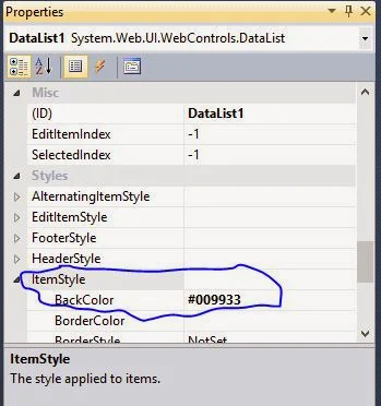 DataList ItemStyle property example in ASP.NET