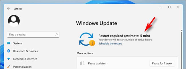 مثال لتقدير وقت Windows Update في إعدادات Windows.