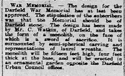 Newspaper cutting, just a dozen lines, stating that the design for the Darfield War Memorial had been approved.