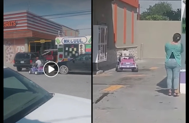 VIDEO.- No le quisieron vender pizza por ir a pie y llego en su carro de juguete