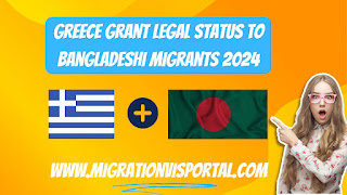 ALT text for the heading "Greece Offers Legal Status to Over 3,400 Bangladeshi Migrants Last Year":  "Graphic of Greece map with legal document symbol and group of Bangladeshi migrants"