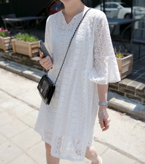 Laced Split Neck Bell Sleeve Dress