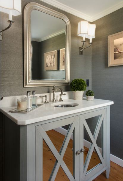 grey silver chrome half bath mirrored vanity storage ideas