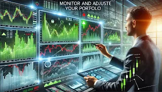 An investor analyzing stock market charts on multiple screens, adjusting investments on a digital trading platform. Green upward trends represent gains, while red downward trends indicate risks. The background features a futuristic financial hub with data streams and glowing elements, symbolizing active portfolio management and market adaptation.
