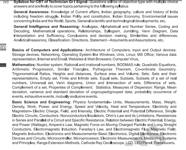 RRB Technician Grade-1 Signal Exam Syllabus Pattern