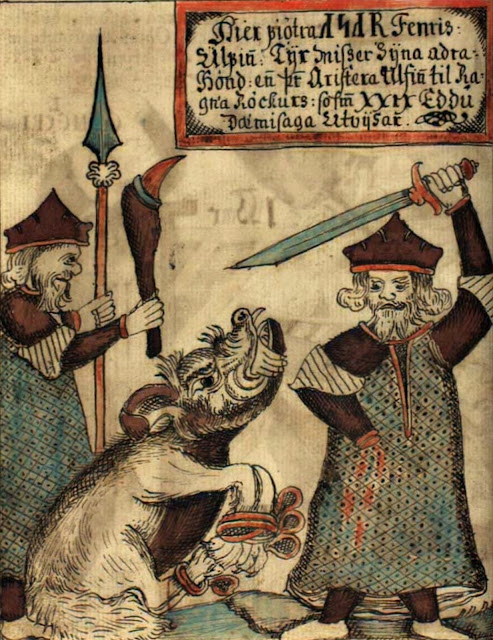 Фенрир откусывает руку Тиру, вооруженному мечом, на иллюстрации к исландскому манускрипту 18 века.