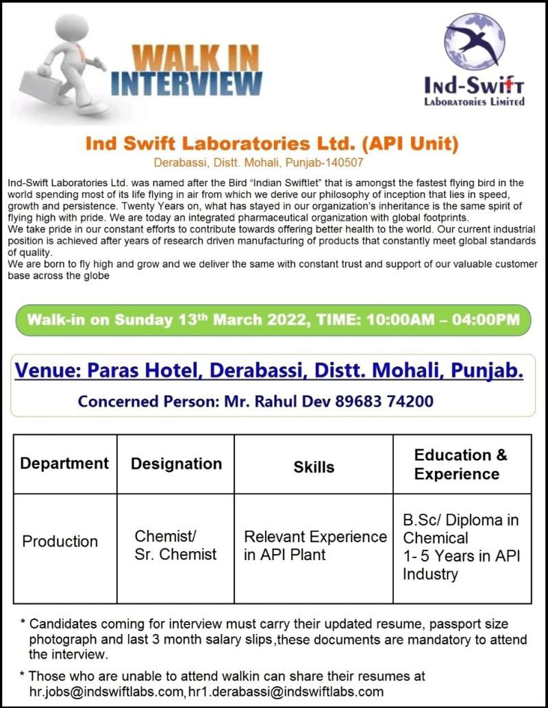 Job Availables,Ind-Swift Laboratories Ltd Walk-In-Interview For Diploma Chemical/ BSc